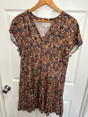 Idyllwind Brown & Teal Floral V-Neck Country Nashville Cowgirl Mini Dress, Sz L